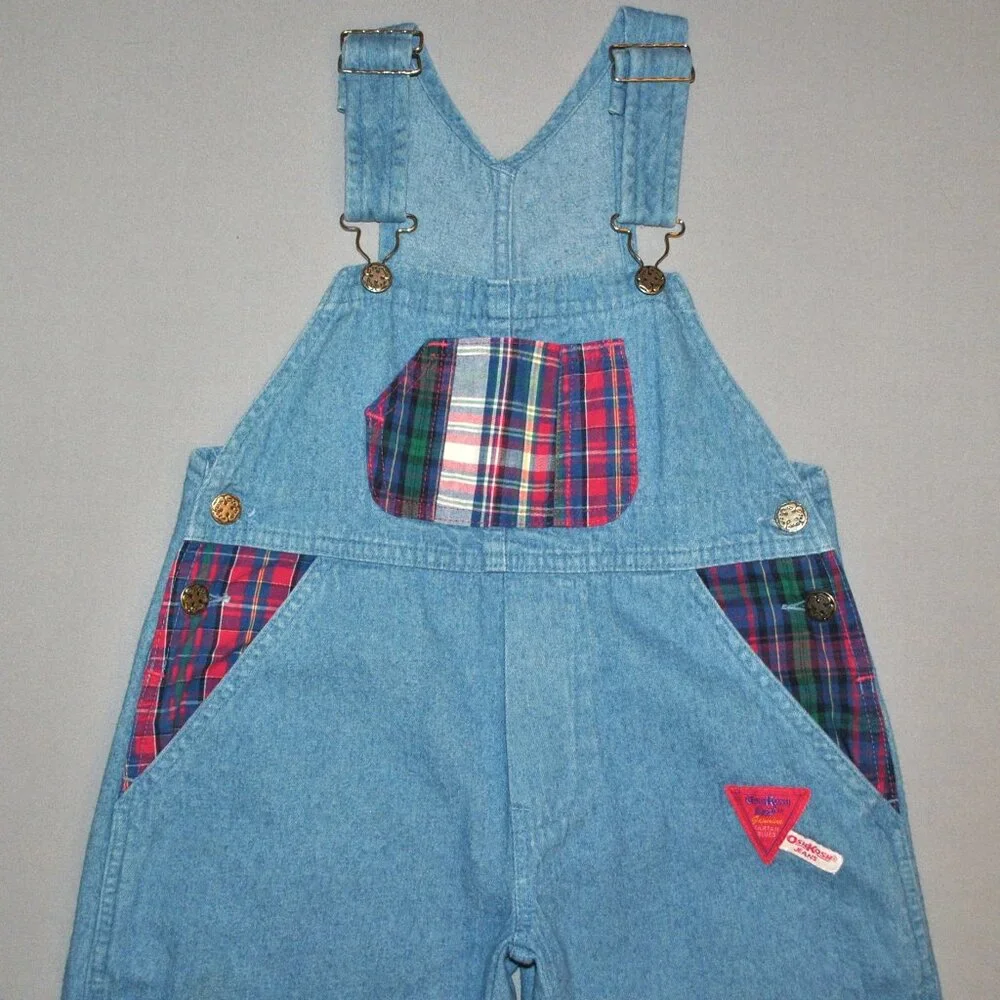 Vintage OshKosh B'gosh Girls Overalls Size 4 Blue Denim w/ Patchwork Plaid